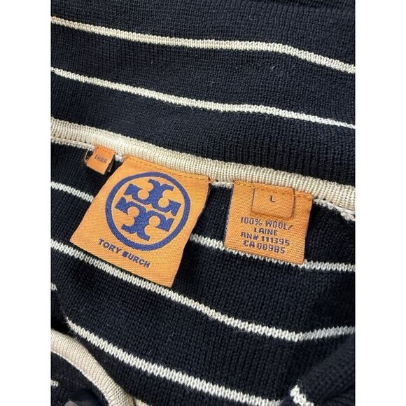 Tory Burch 100% Wool Knit Stripe Sweater Dress Black Cream L Long Sleeve - Picture 10 of 12
